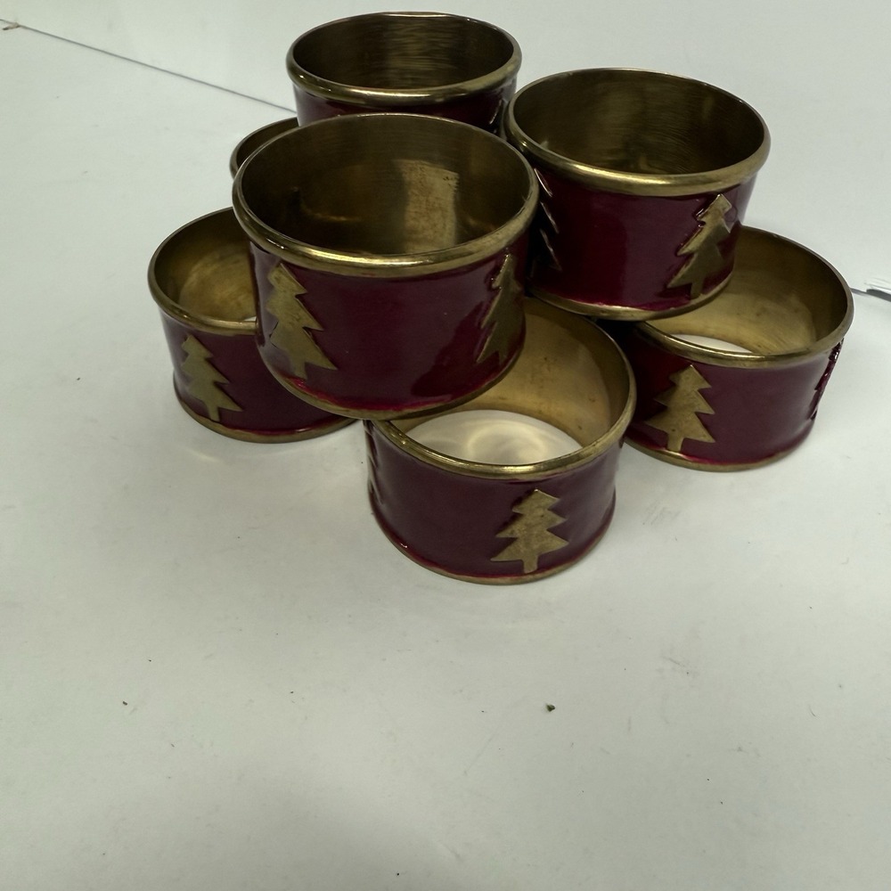 Set of 8 Brass Christmas Napkin Rings Burgundy Christmas Tree - Picture 3 of 8
